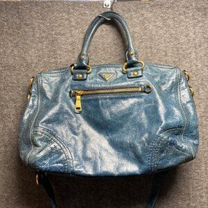 PRADA Turquoise Leather Vitello Shine Zip Satchel